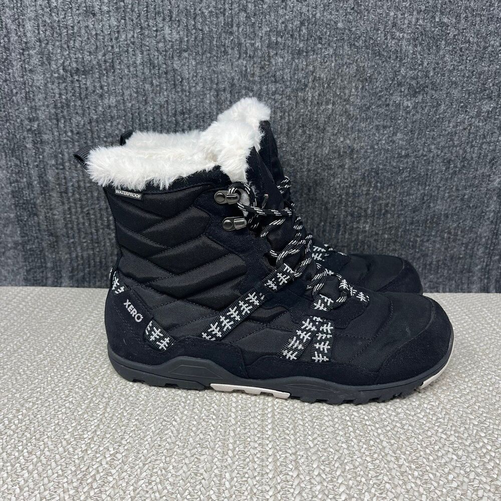 Xero Alpine Barefoot Minimalist Boots Black White Faux Fur Lined WP Women’s 10